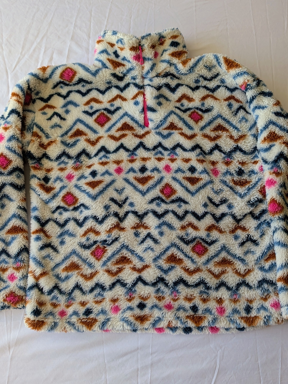 Eddie Bauer Cream, Navy, Brown & Pink Plush Aztec Half-Zip Pullover